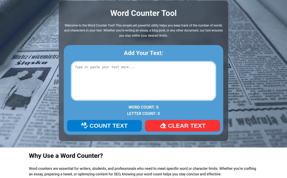 Handy Tools word counter — live word and character counting for writers