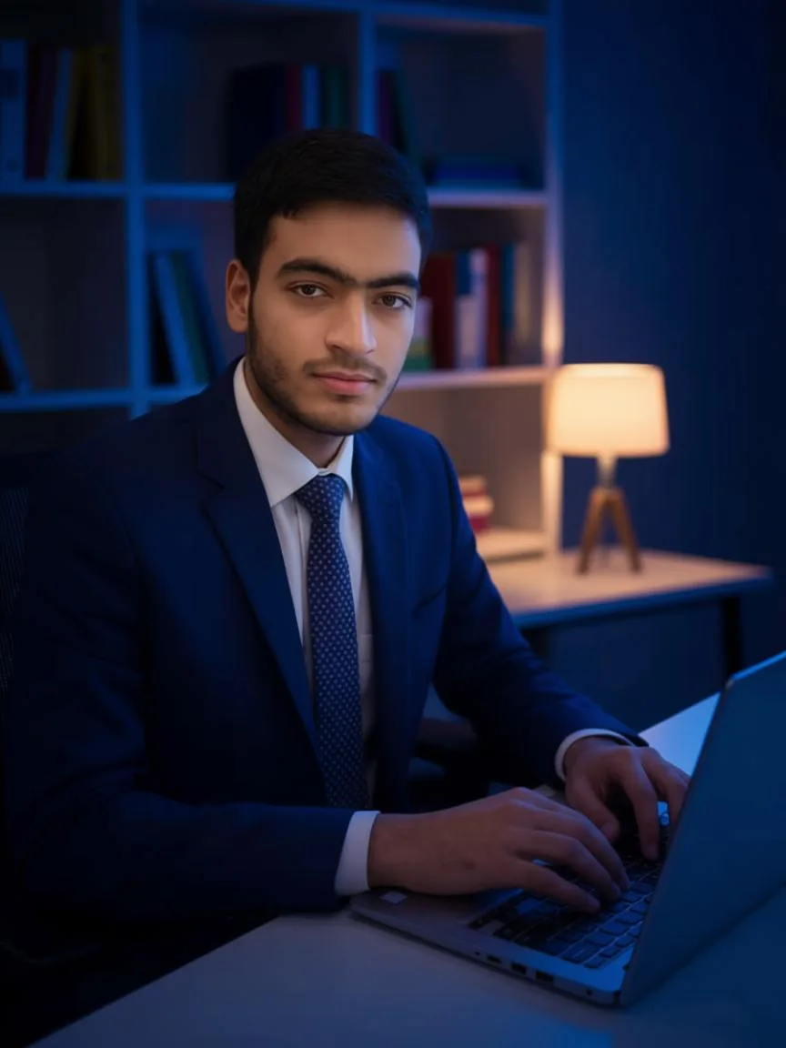 Muhammad Faizan Qureshi working on a laptop against a clean navy studio backdrop